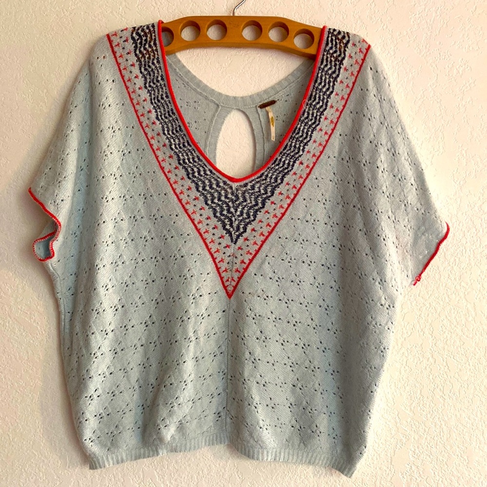 FREE PEOPLE Knit Bat Wing Slit Back Short Sleeve Sweater SO CUTE! SZ Large